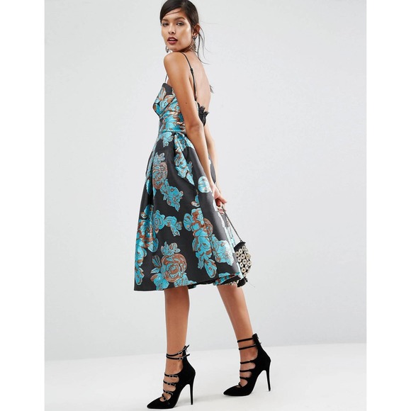 ASOS Salon Womens Metallic Flower Jacquard Midi Dress Blue Black Size 12 Prom - Picture 16 of 16